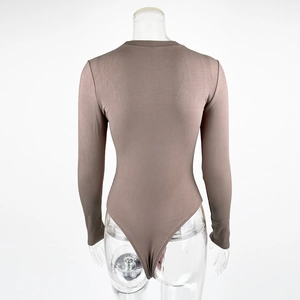 Detailed back view of a slim fit brown ribbed knit bodysuit showing seamless rear coverage