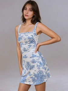 Women's summer mini dress with French blue toile de jouy print and square neckline