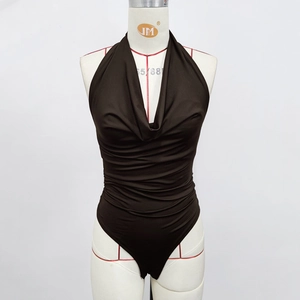 Close-up of chocolate brown halter bodysuit featuring elegant cowl neck and ruched waist