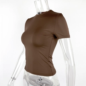 Side view of dark brown slim fit crew neck short sleeve t-shirt on transparent mannequin