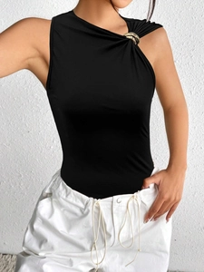 Sleeveless black slim bodysuit featuring asymmetric shoulder with golden metal ring design