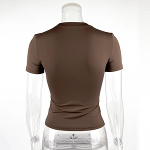 Rear view detail of dark brown slim-fit short sleeve T-shirt with smooth elastic fabric