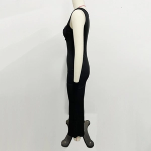 Side view of a slim-fit black sleeveless long dress on a mannequin showing curved silhouette