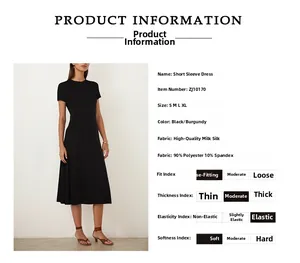 Size chart showing slim fit short-sleeved dress details in black and wine red fabric