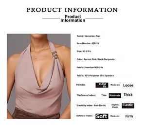 Detail view of sizing and material specifications for a backless halter top