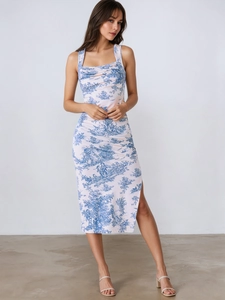 Slim fit square neck floral midi dress with side slit in classic blue and white print