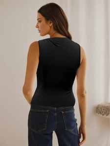 Back view of a black sleeveless vest with a slim fit design and smooth fabric texture