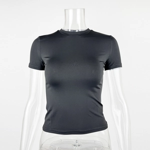 Front detail of black slim-fit cropped t-shirt with crew neck on transparent mannequin