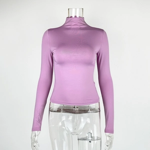 Front view of a purple mock neck long sleeve slim fit top on a transparent mannequin