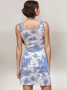Floral print satin mini dress with blue toile de jouy pattern and square neckline