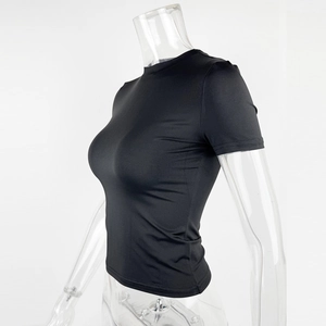 Side view detail of black slim fit short sleeve T-shirt with high elastic knit fabric