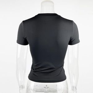 Rear view of slim-fit black short-sleeve T-shirt showing detailed ribbed knit texture