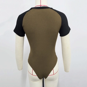 Rear view of contrast short sleeve bodysuit in ribbed knit with high-cut design