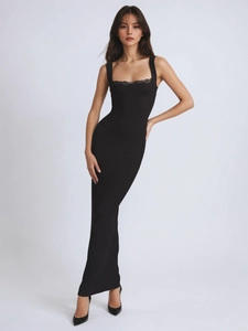 Women Sexy Slim Fit Polyester Spandex Maxi Dress Lace Trim Square Neck Sleeveless Solid Color Bodycon Long Dress Party