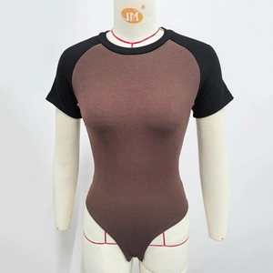 Detail of slim-fit raglan bodysuit in brown and black ribbed knit fabric on a mannequin
