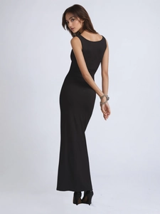 Elegant slim fit black floor-length sleeveless dress for women with a minimalist silhouette