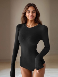 Slim fit black ribbed bodysuit with long sleeves and round neck for women