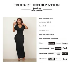 Detail view of V-neck bodycon maxi dress in milk silk fabric with size and material chart