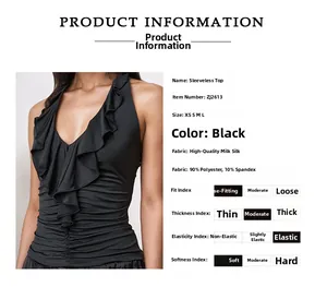 Detail eines schwarzen Neckholder-Tops mit Rüschen und 90 % Polyester-Materialangabe