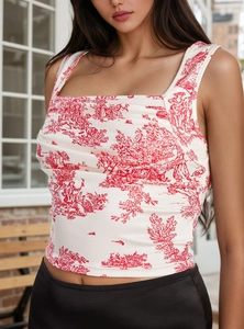 Detail of crop top with red Toile de Jouy print and vintage square neckline