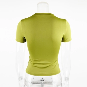 Detailed back view of avocado green slim fit t-shirt showing elastic fabric texture