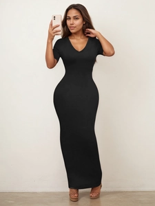 Women's Sexy Deep V-Neck Short Sleeve Bodycon Maxi Dress Slim Fit High Elasticity Solid Color Evening Party Long Dress