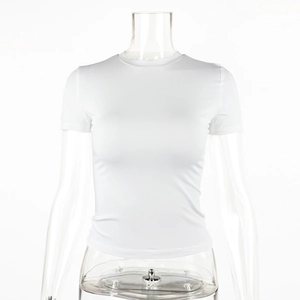 Detailed view of white slim fit crew neck short sleeve tee on transparent mannequin