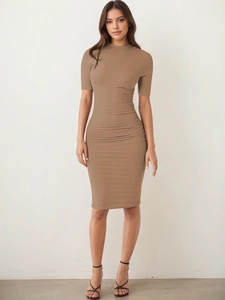 Detail of camel slim fit midi dress featuring elegant side ruching and short sleeves