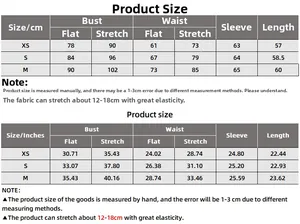 Size guide with measurements for the square neck long sleeve slim fit T-shirt