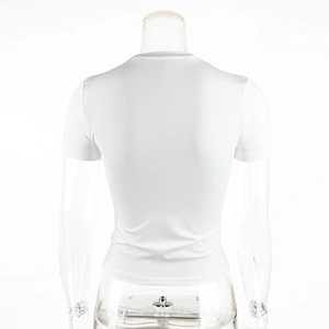 Rear view of a white slim-fit short-sleeved T-shirt with a classic round neck design