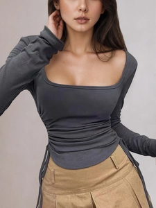 Slim fit square neck long sleeve T-shirt in dark gray with side drawstring detail