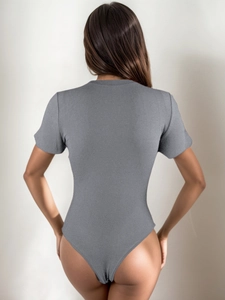 Slim fit grey short sleeve bodysuit with a round neck for women shown from the back view