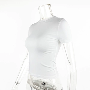 Close-up of white short-sleeve slim fit T-shirt showing round neck and elastic fabric