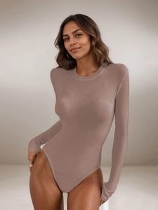 Close-up of mocha ribbed modal bodysuit featuring a soft texture and round neckline