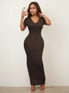 Slim fit deep V-neck short sleeve long dress in solid dark coffee brown high elastic fabric