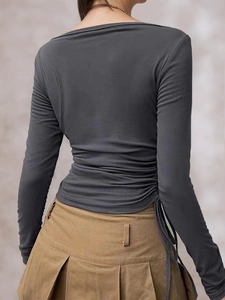 Slim fit square neck long sleeve tee with side drawstring details and pleated skirt
