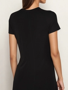 Slim fit black short sleeve A-line dress with knitted texture and back seam detail
