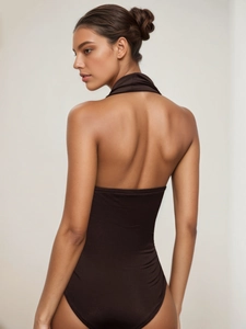 Slim fit backless halter bodysuit for women in deep brown matte high-elastic fabric
