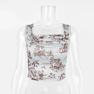 Detail of square neck crop top featuring blue toile de jouy scenic landscape print