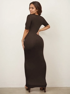 Slim fit deep coffee midi dress with short sleeves and bodycon silhouette for women