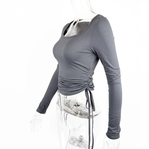 Close-up of drawstring ruched side detail on a slim fit grey long sleeve T-shirt