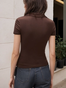 Rear view of a slim-fit dark brown ribbed polo t-shirt with high elasticity texture