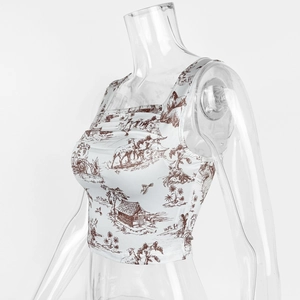Detail of vintage Toile de Jouy ink print on a sleeveless summer cropped tank top