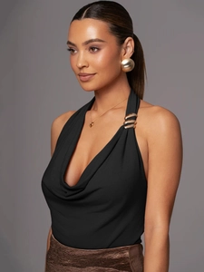 Elegant black cowl neck halter top with gold ring accents for trendy women summer evening wear