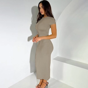 Slim fit short sleeve khaki midi dress with crew neck in high-elasticity fabric
