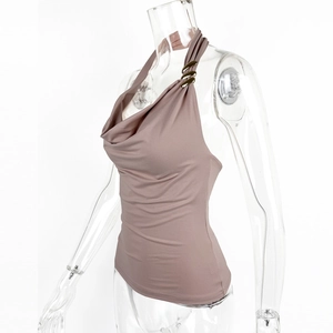 Detail of cowl neck halter top with metal ring connector and soft draped fabric