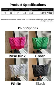 Detailed size chart for quilted tote bags with dimensions and four color options shown