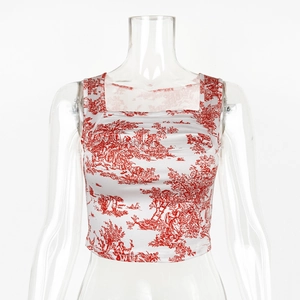 Detail of crop top showing red vintage landscape print and square neckline on a white base