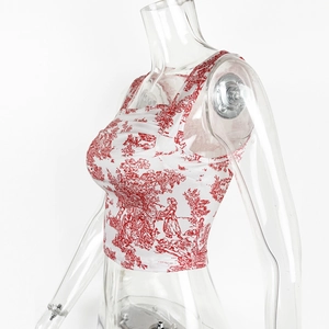 Detailed side view of crop top featuring classic red French Toile de Jouy ink pattern