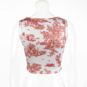 Detail of red Toile de Jouy print on a white cropped sleeveless top for summer vacation